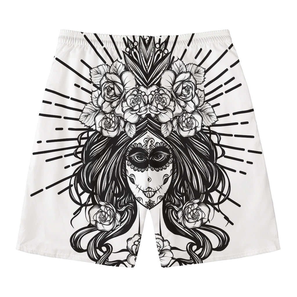 Black And White Calavera Girl Print Men's Swim Trunks