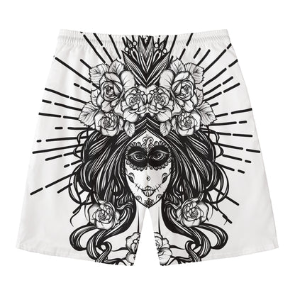 Black And White Calavera Girl Print Men's Swim Trunks