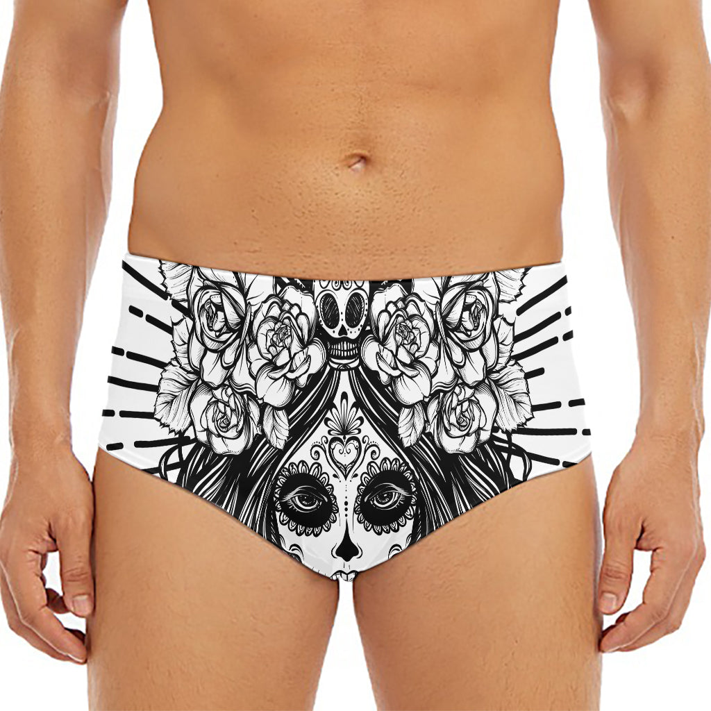 Black And White Calavera Girl Print Men's Triangle Swim Briefs