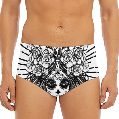 Black And White Calavera Girl Print Men's Triangle Swim Briefs