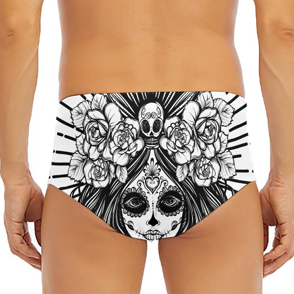 Black And White Calavera Girl Print Men's Triangle Swim Briefs