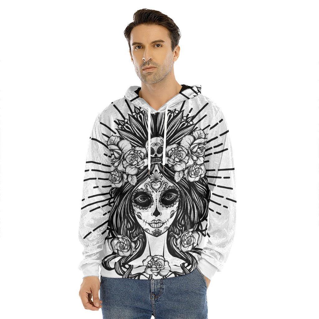 Black And White Calavera Girl Print Men's Velvet Pullover Hoodie