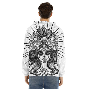 Black And White Calavera Girl Print Men's Velvet Pullover Hoodie