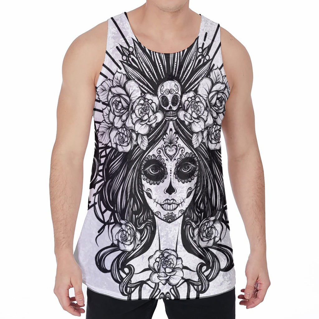 Black And White Calavera Girl Print Men's Velvet Tank Top