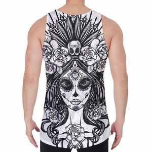 Black And White Calavera Girl Print Men's Velvet Tank Top