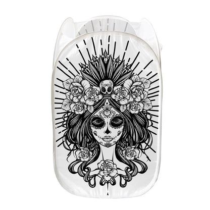 Black And White Calavera Girl Print Mesh Laundry Hamper