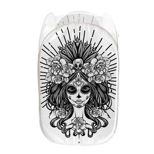 Black And White Calavera Girl Print Mesh Laundry Hamper