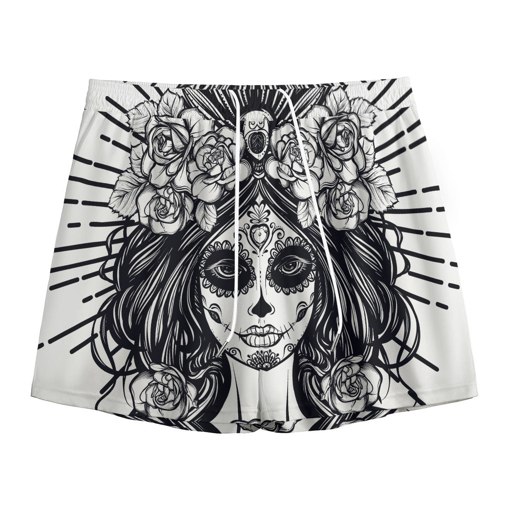 Black And White Calavera Girl Print Mesh Shorts