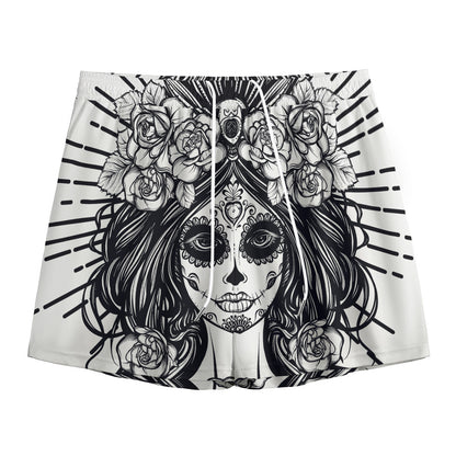 Black And White Calavera Girl Print Mesh Shorts