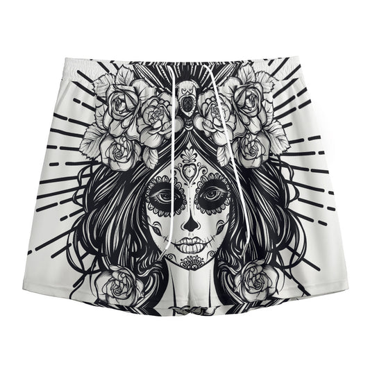 Black And White Calavera Girl Print Mesh Shorts