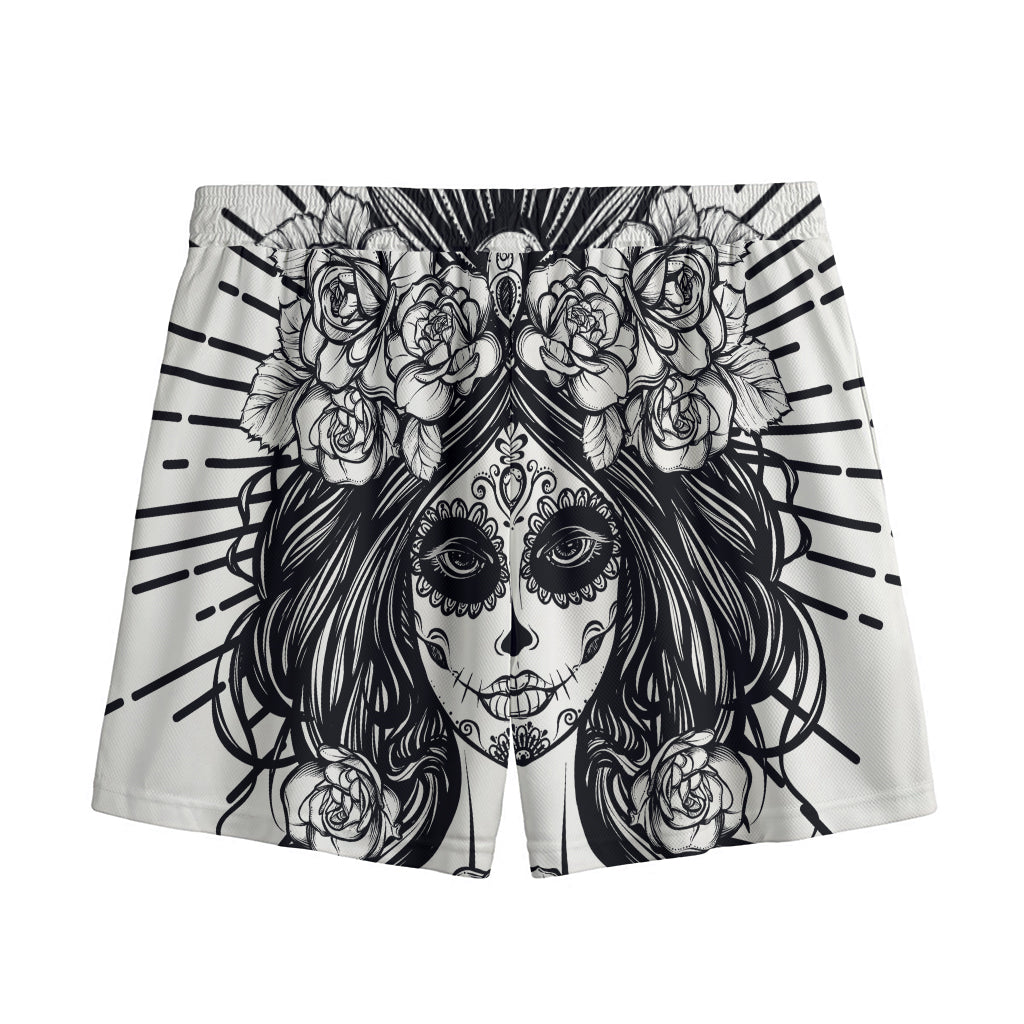 Black And White Calavera Girl Print Mesh Shorts