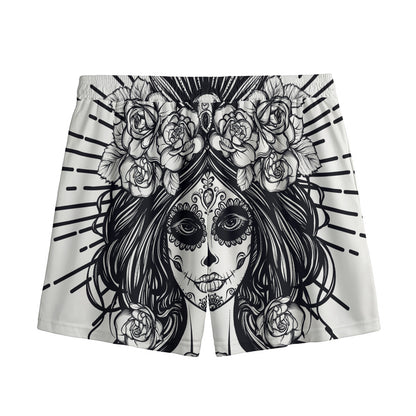 Black And White Calavera Girl Print Mesh Shorts