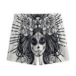Black And White Calavera Girl Print Mesh Shorts