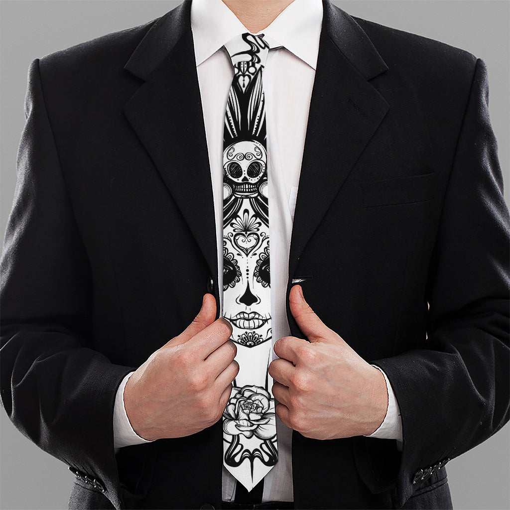 Black And White Calavera Girl Print Necktie