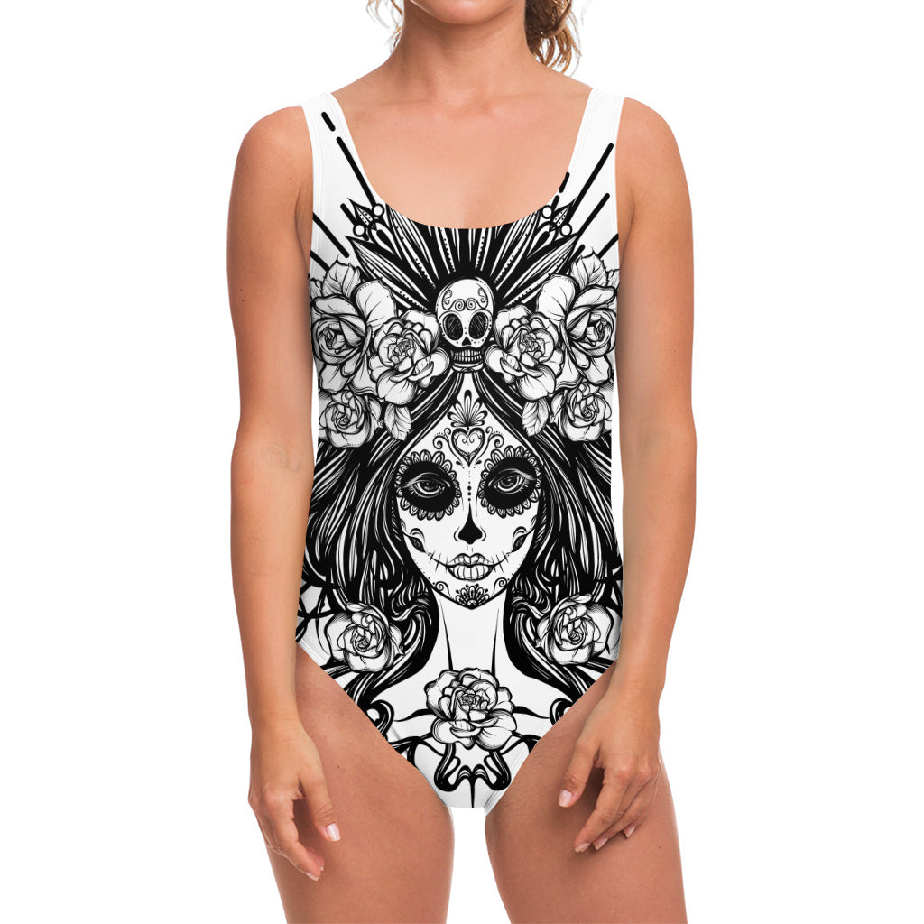 Black And White Calavera Girl Print One Piece Swimsuit