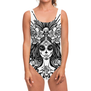 Black And White Calavera Girl Print One Piece Swimsuit