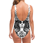 Black And White Calavera Girl Print One Piece Swimsuit