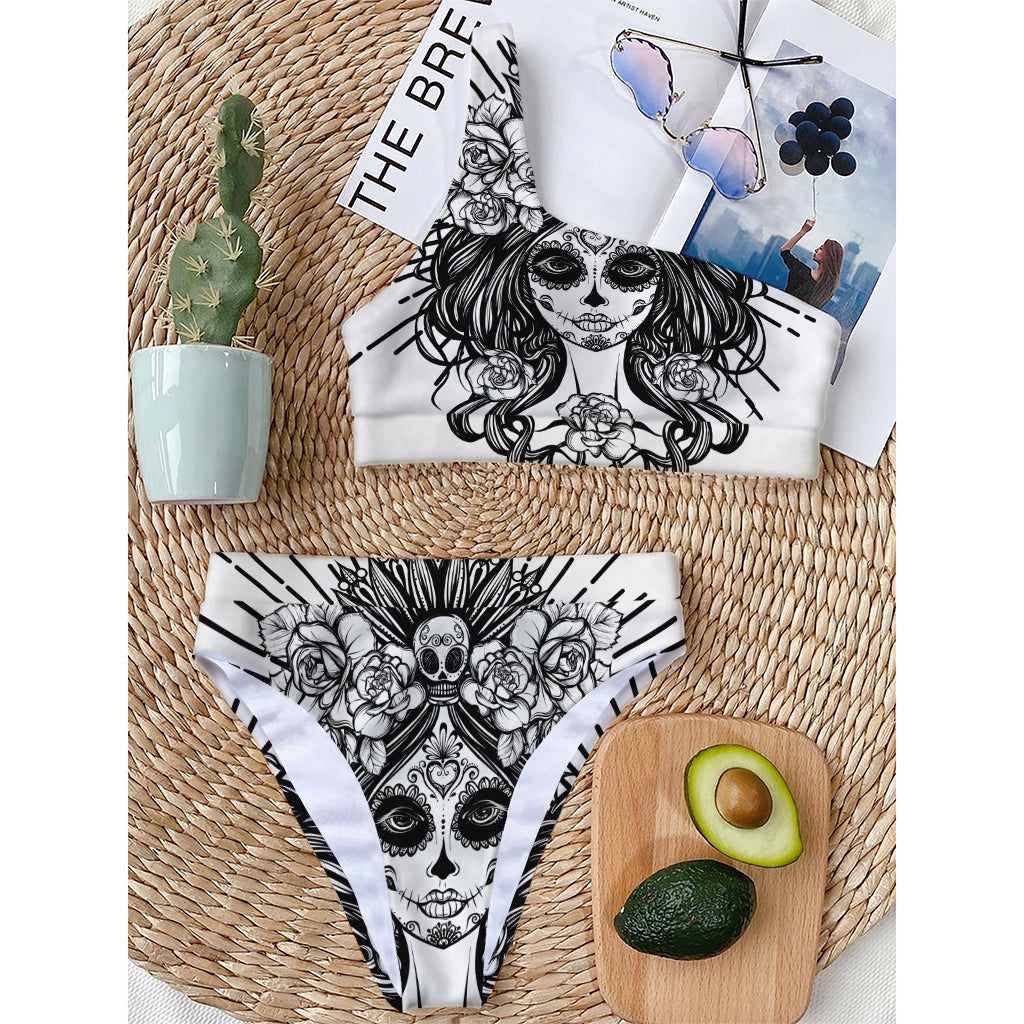 Black And White Calavera Girl Print One Shoulder Bikini Top