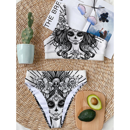 Black And White Calavera Girl Print One Shoulder Bikini Top