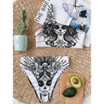 Black And White Calavera Girl Print One Shoulder Bikini Top