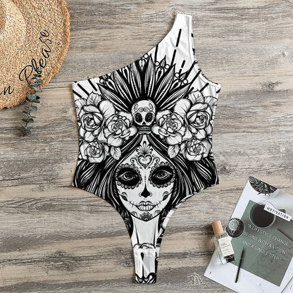 Black And White Calavera Girl Print One Shoulder Bodysuit