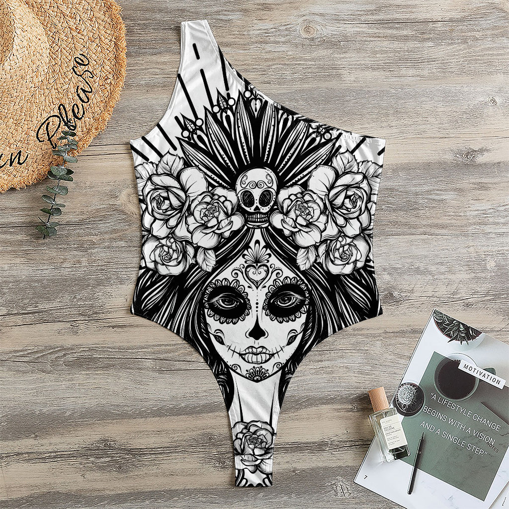 Black And White Calavera Girl Print One Shoulder Bodysuit
