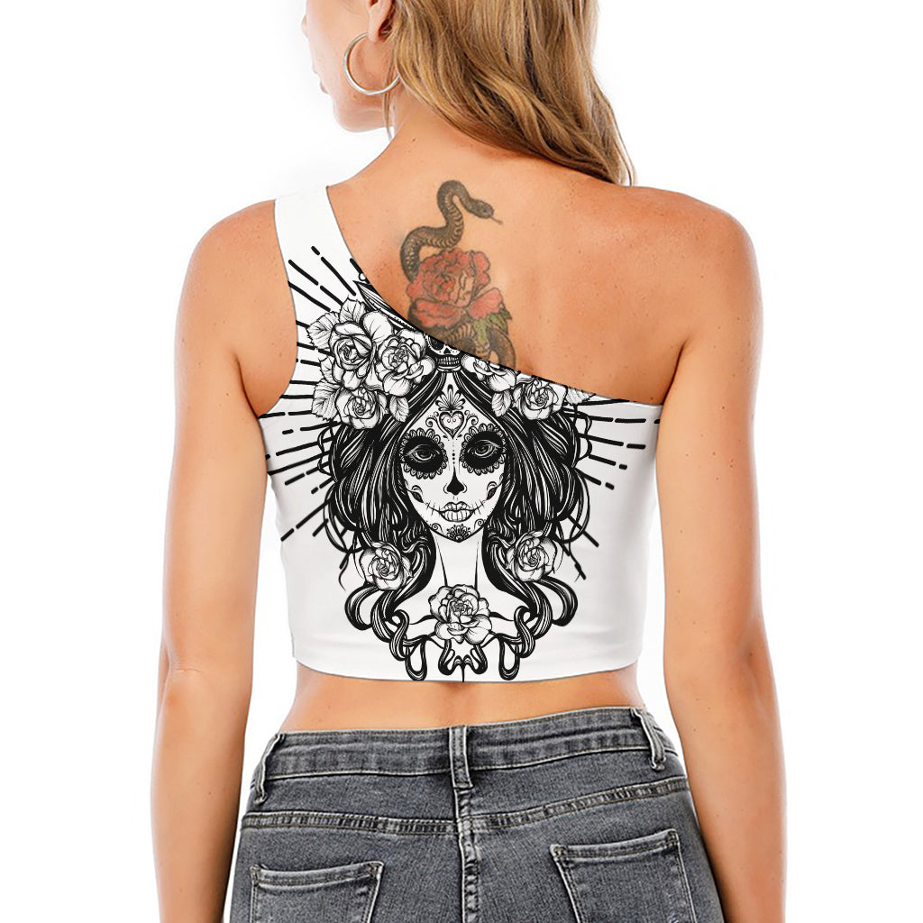 Black And White Calavera Girl Print One Shoulder Crop Top