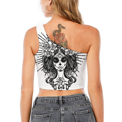 Black And White Calavera Girl Print One Shoulder Crop Top