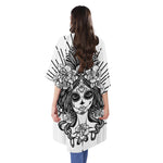 Black And White Calavera Girl Print Open Front Beach Cover Up