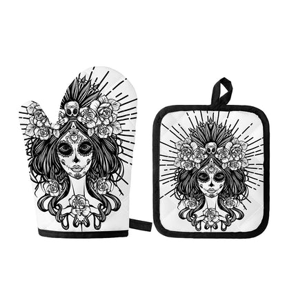 Black And White Calavera Girl Print Oven Mitt And Pot Holder Set