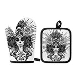 Black And White Calavera Girl Print Oven Mitt And Pot Holder Set