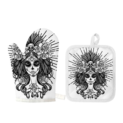 Black And White Calavera Girl Print Oven Mitt And Pot Holder Set