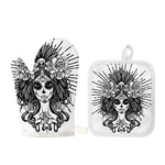 Black And White Calavera Girl Print Oven Mitt And Pot Holder Set