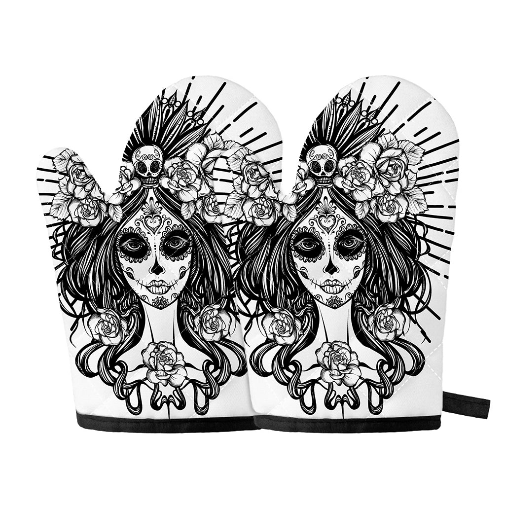 Black And White Calavera Girl Print Oven Mitts