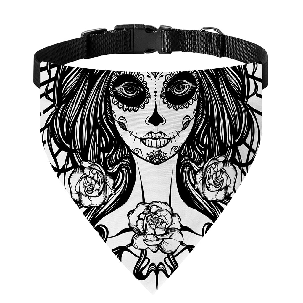 Black And White Calavera Girl Print Over The Collar Dog Bandana