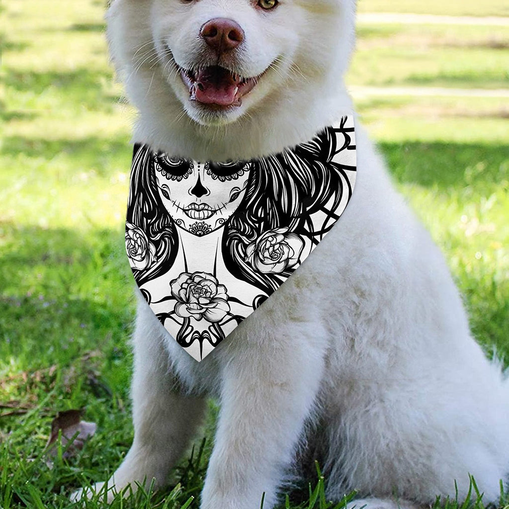 Black And White Calavera Girl Print Over The Collar Dog Bandana