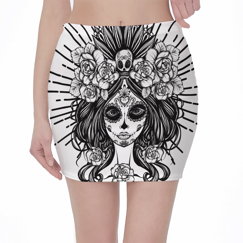 Black And White Calavera Girl Print Pencil Mini Skirt