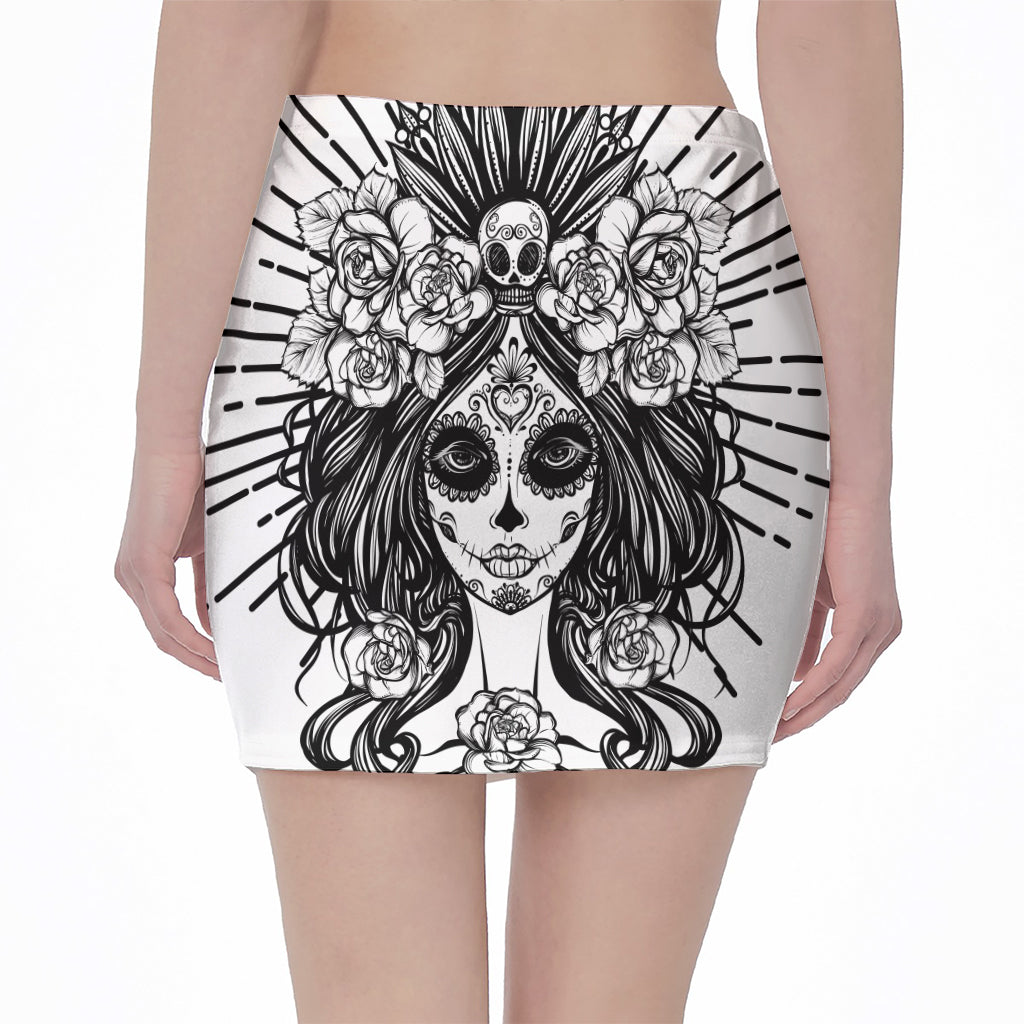 Black And White Calavera Girl Print Pencil Mini Skirt