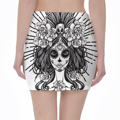 Black And White Calavera Girl Print Pencil Mini Skirt