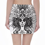 Black And White Calavera Girl Print Pencil Mini Skirt
