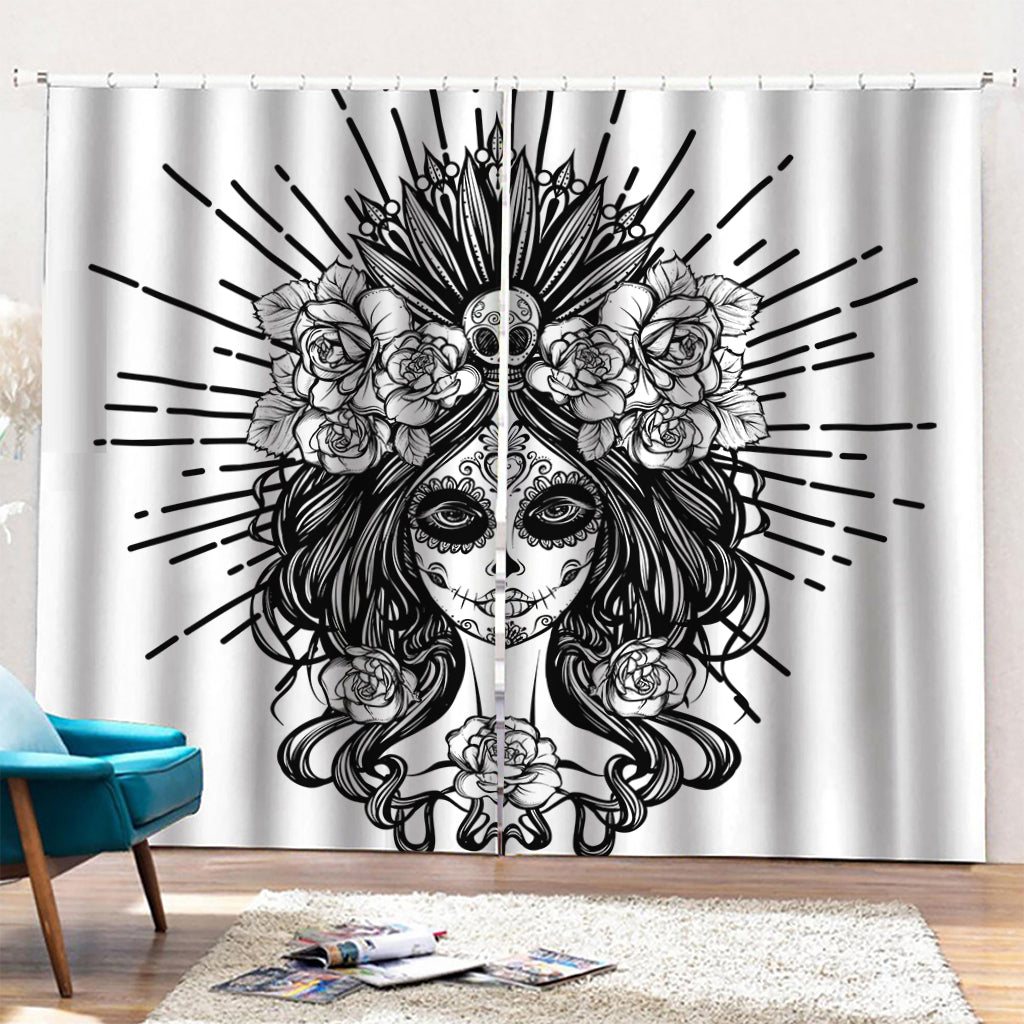 Black And White Calavera Girl Print Pencil Pleat Curtains