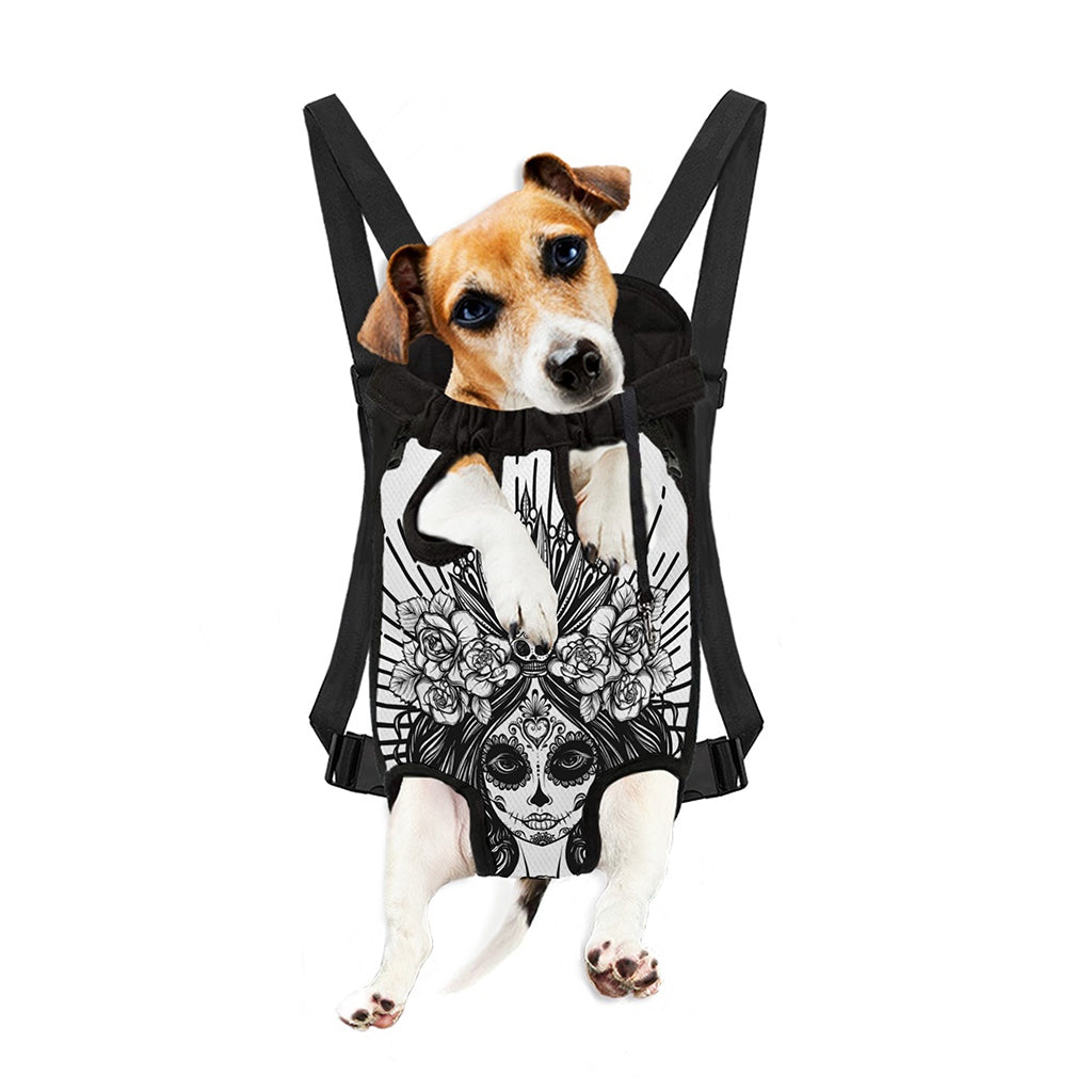 Black And White Calavera Girl Print Pet Carrier Backpack