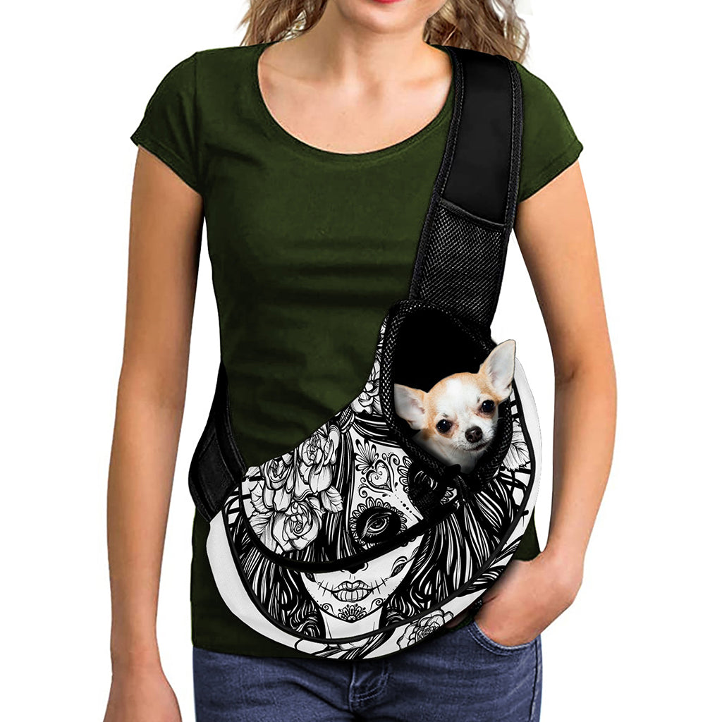 Black And White Calavera Girl Print Pet Sling Carrier