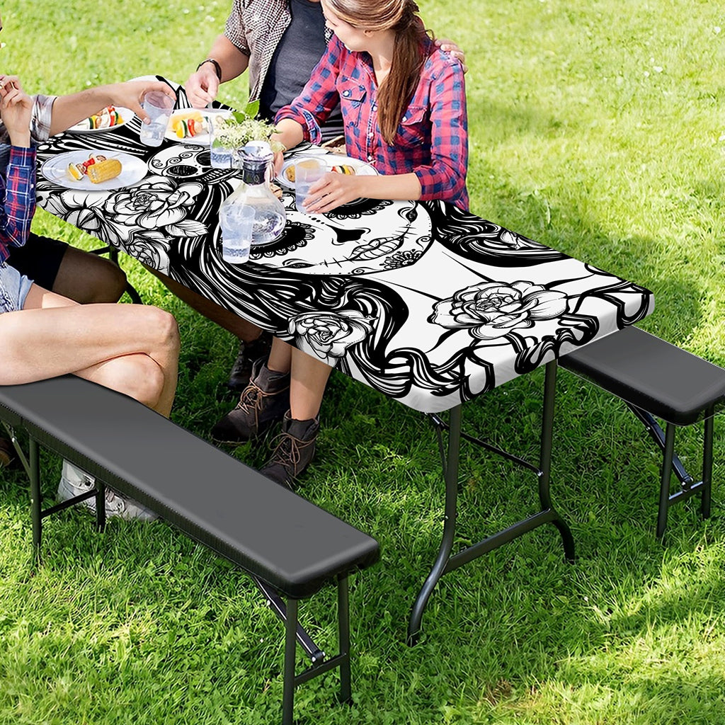 Black And White Calavera Girl Print Picnic Table Cover