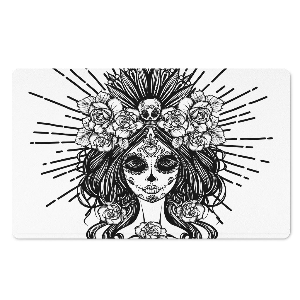 Black And White Calavera Girl Print Polyester Doormat
