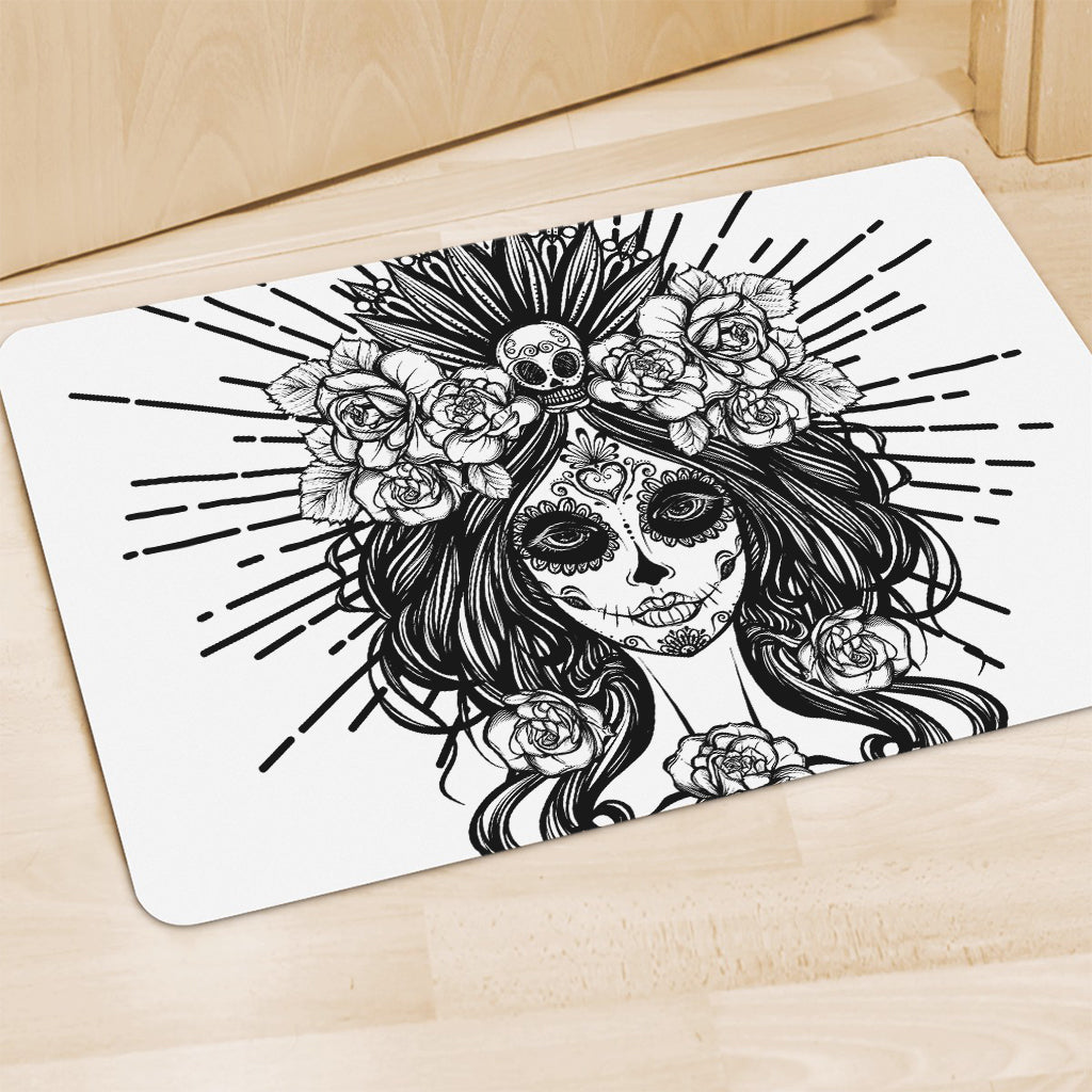 Black And White Calavera Girl Print Polyester Doormat