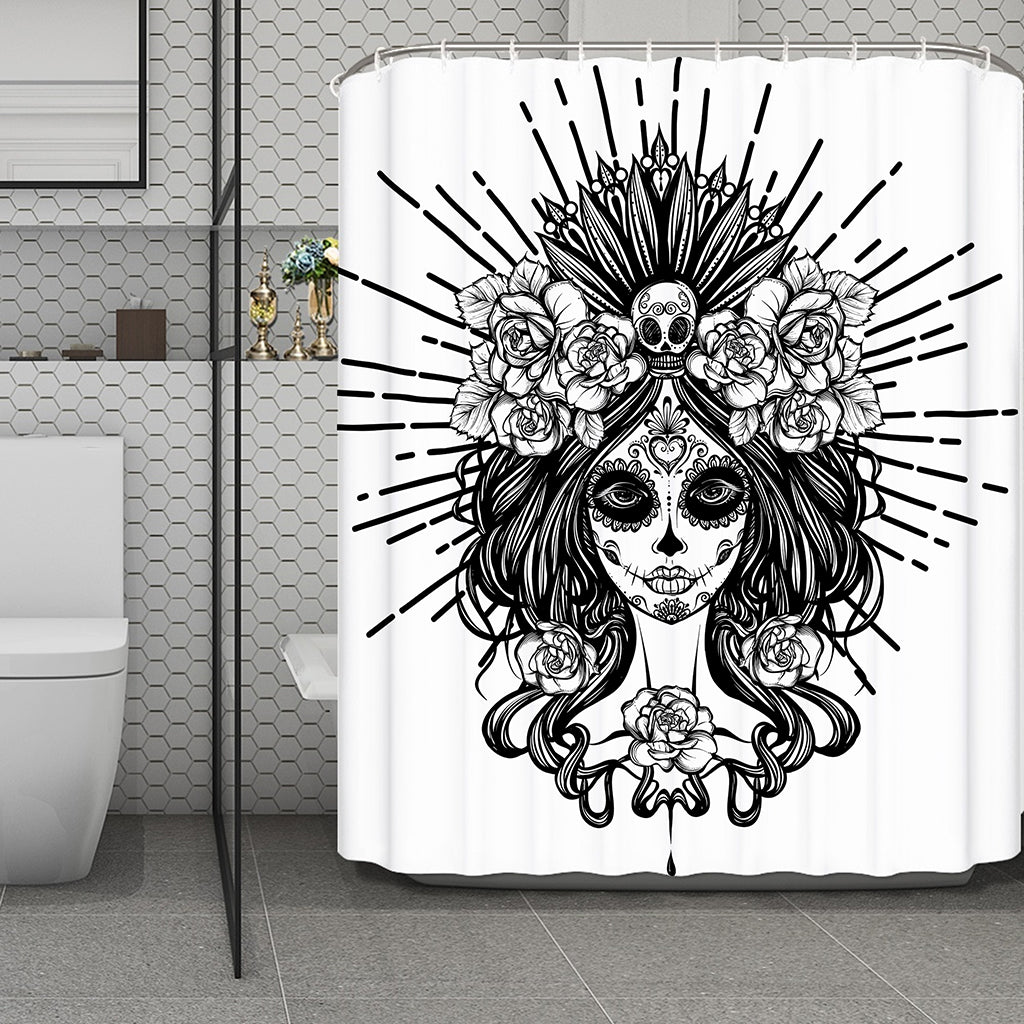 Black And White Calavera Girl Print Polyester Shower Curtain