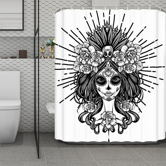 Black And White Calavera Girl Print Polyester Shower Curtain