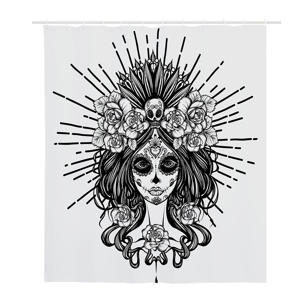 Black And White Calavera Girl Print Polyester Shower Curtain