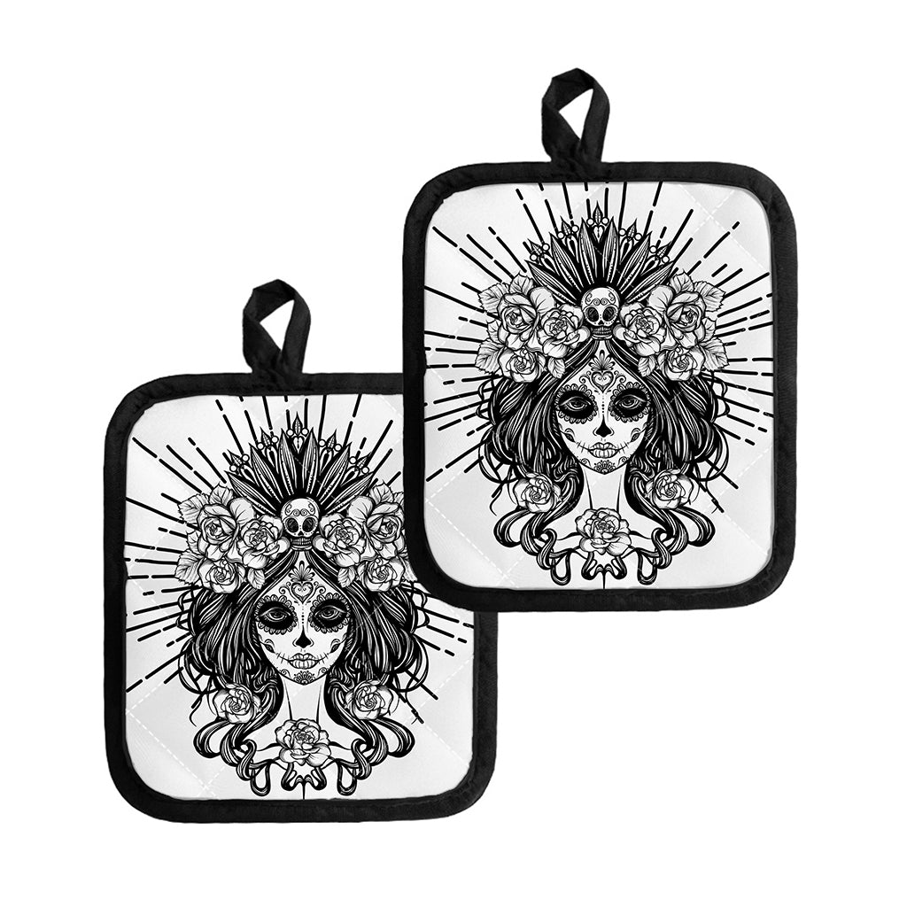 Black And White Calavera Girl Print Pot Holders